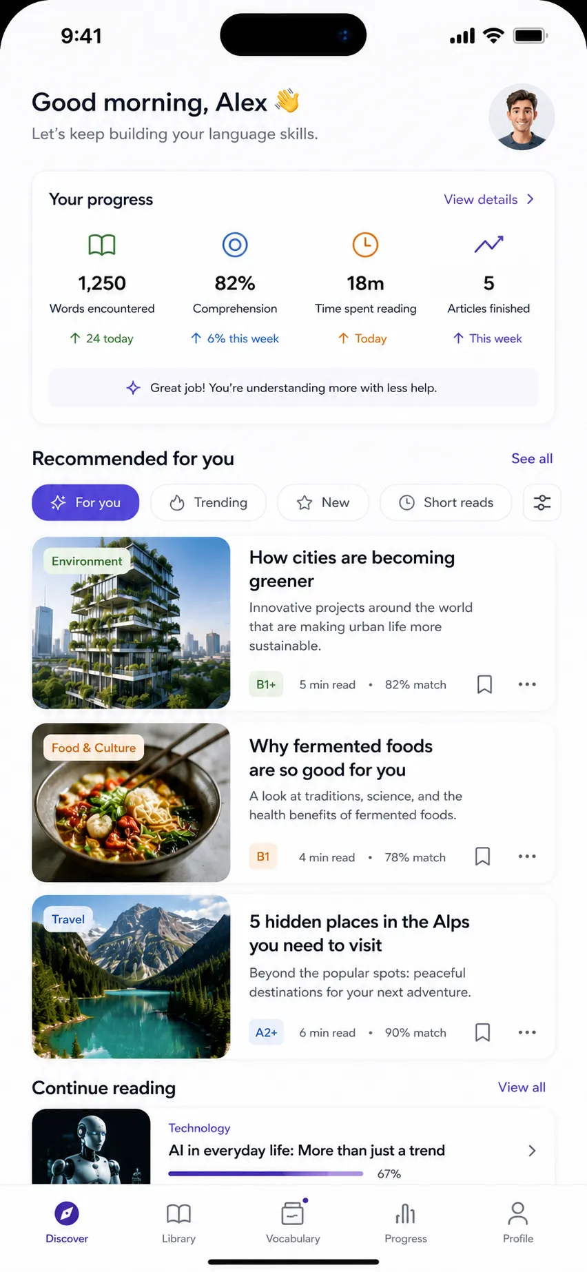 A personalized content feed with articles recommended by interest, level, and reading time
