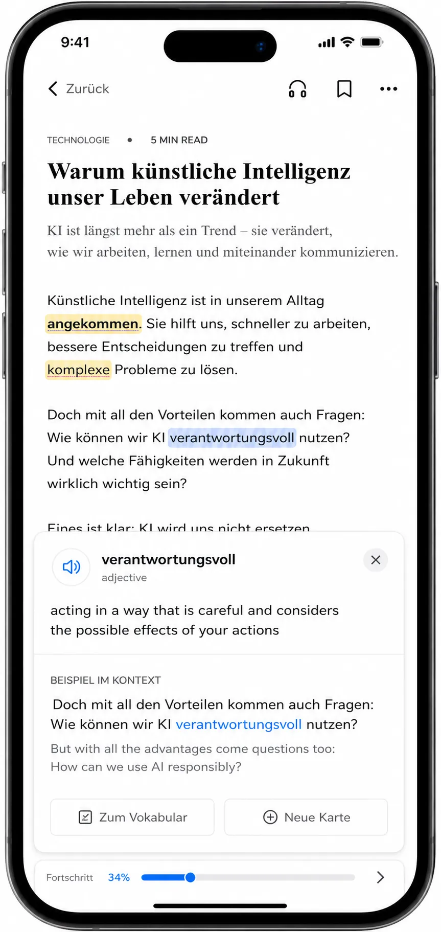 The Lalioo app showing a real article with a tapped word explained in context