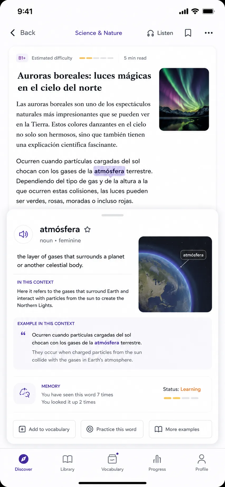 An article with a tapped word showing its meaning in context, translation, and examples
